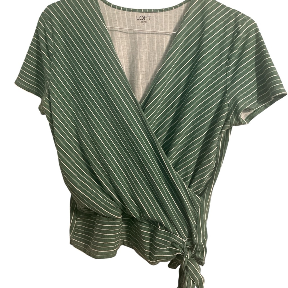LOFT Green Cream Wrap Blouse